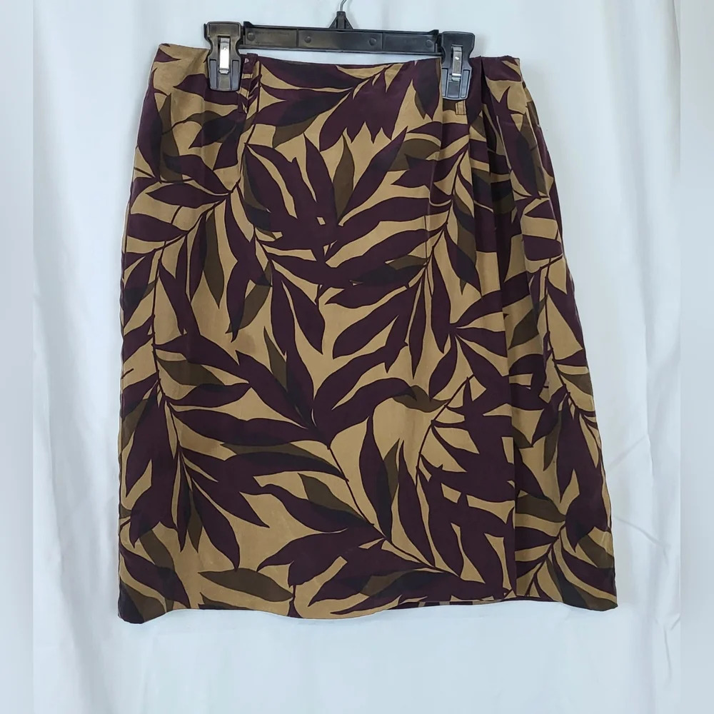 Jones New York Vintage Tan Purple Tropical Print Silk Above Knee Lined Skirt 10